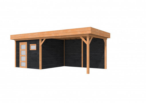 Douglas Topvision Premium Raaf, 298 x 298 en luifel 400 cm, wanden zwart geïmpregneerd en basis onbehandeld.