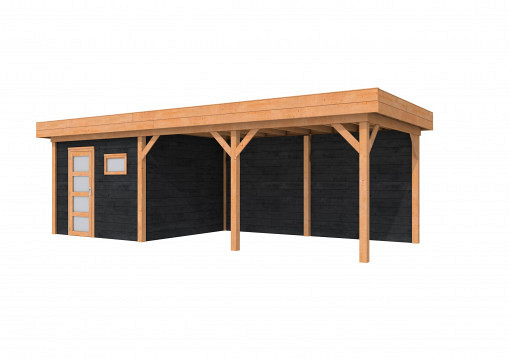 Douglas Topvision Premium Raaf, 298 x 298 en luifel 500 cm, wanden zwart geïmpregneerd en basis onbehandeld.