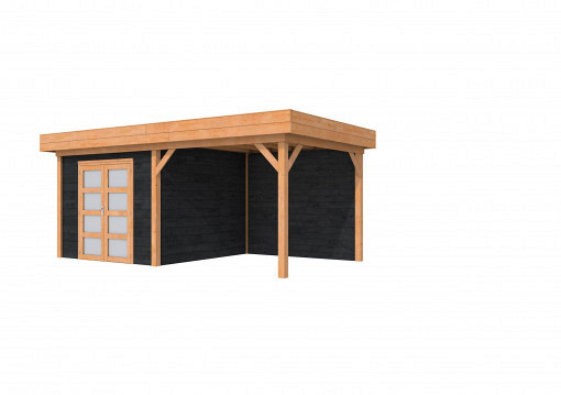 Douglas Topvision Premium Roek, 298 x 298 en luifel 300 cm, wanden zwart geïmpregneerd en basis onbehandeld.