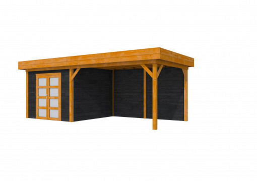 Douglas Topvision Premium Roek, 298 x 298 en luifel 400 cm, wanden zwart en basis kleurloos geïmpregneerd.