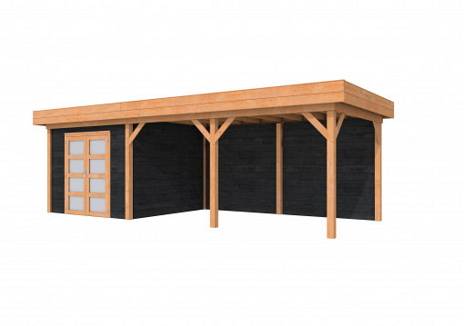 Douglas Topvision Premium Roek, 298 x 298 en luifel 500 cm, wanden zwart geïmpregneerd en basis onbehandeld.