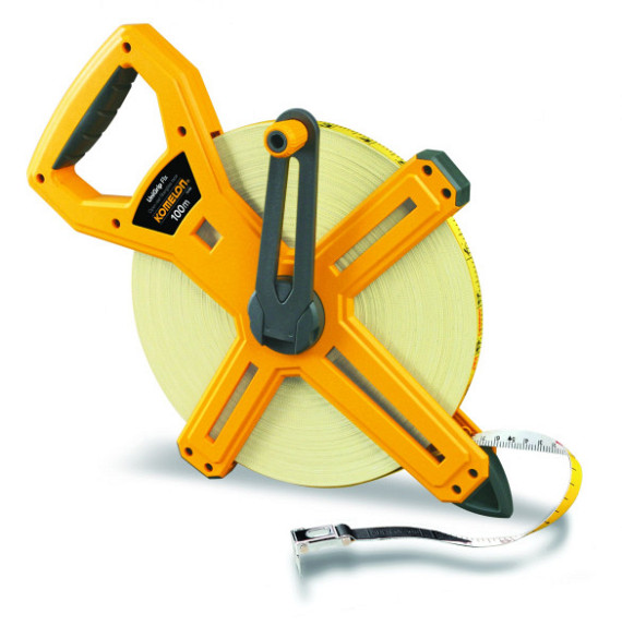 Komelon meetband UniGrip Flx 100mx13mm glasfiber, haak op 0-punt, ABS kruishaspel Klasse II