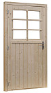Vuren enkele 6-ruits deur extra breed inclusief kozijn, linksdraaiend, 112 x 201 cm, onbehandeld.