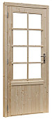 Vuren enkele 8-ruits deur inclusief kozijn, linksdraaiend, 90 x 201 cm, onbehandeld.