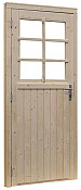 Vuren enkele 6-ruits deur inclusief kozijn, rechtsdraaiend, 90 x 201 cm, onbehandeld.