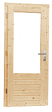 Vuren enkele 1-ruits opdekdeur met 5-puntssluiting en dubbelglas, linksdraaiend, 90 x 201 cm, onbehandeld.