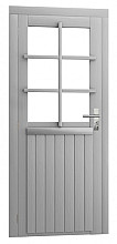 Vuren enkele 6-ruits deur inclusief kozijn, linksdraaiend, 90 x 201 cm, lichtgrijs gespoten.