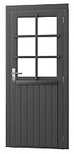 Vuren enkele 6-ruits deur inclusief kozijn, rechtsdraaiend, 90 x 201 cm, antraciet gespoten.