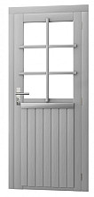 Vuren enkele 6-ruits deur inclusief kozijn, rechtsdraaiend, 90 x 201 cm, lichtgrijs gespoten.