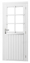 Vuren enkele 6-ruits deur inclusief kozijn, rechtsdraaiend, 90 x 201 cm, wit gespoten.