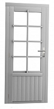 Vuren enkele 8-ruits deur inclusief kozijn, linksdraaiend, 90 x 201 cm, lichtgrijs gespoten.