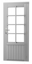 Vuren enkele 8-ruits deur inclusief kozijn, rechtsdraaiend, 90 x 201 cm, lichtgrijs gespoten.
