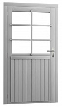 Vuren enkele 6-ruits deur extra breed inclusief kozijn, linksdraaiend, 112 x 201 cm, lichtgrijs gespoten.