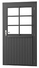 Vuren enkele 6-ruits deur extra breed inclusief kozijn, rechtsdraaiend, 112 x 201 cm, antraciet gespoten.