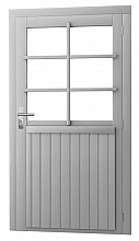 Vuren enkele 6-ruits deur extra breed inclusief kozijn, rechtsdraaiend, 112 x 201 cm, lichtgrijs gespoten.