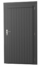 Vuren enkele dichte deur extra breed inclusief kozijn, rechtsdraaiend, 112 x 201 cm, antraciet gespoten.