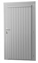 Vuren enkele dichte deur extra breed inclusief kozijn, rechtsdraaiend, 112 x 201 cm, lichtgrijs gespoten.
