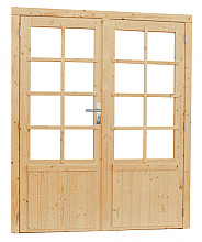 Vuren dubbele 8-ruits deur inclusief kozijn, 168 x 201 cm, kleurloos geïmpregneerd.