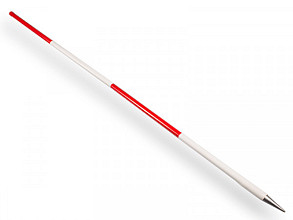 Jalonstok hout 200cm., geplastificeerd, boven rood, stalen punt.