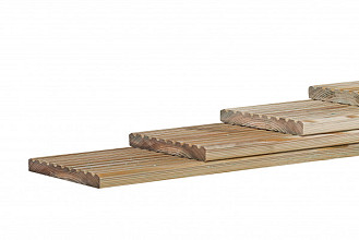 Grenen geprofileerd dekdeel, 1 zijde grof profiel, 1 zijde glad, 2,8 x 14,5 x 400 cm, groen geïmpregneerd.