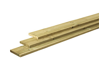 Grenen plank 1 zijde glad, 1 zijde fijnbezaagd, 2,8 x 19,5 x 400 cm, groen geïmpregneerd.