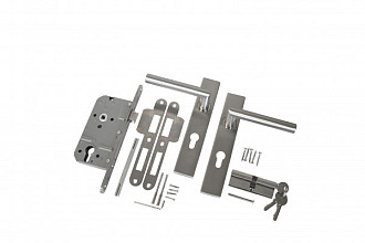 RVS luxe deurbeslagset. SKG keurmerk met slotkast, cilinder en slot. Excl. duimen.